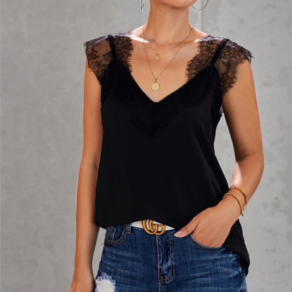 Black boho lace v neck cami tank top